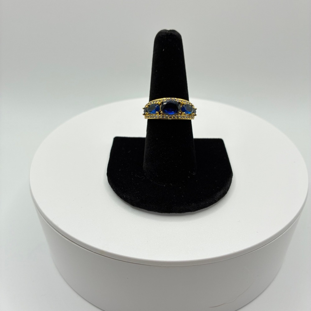 Bomb Party Ring Women Size 8 Gold Blue Stone Oval Cut Pavé Crystal Band